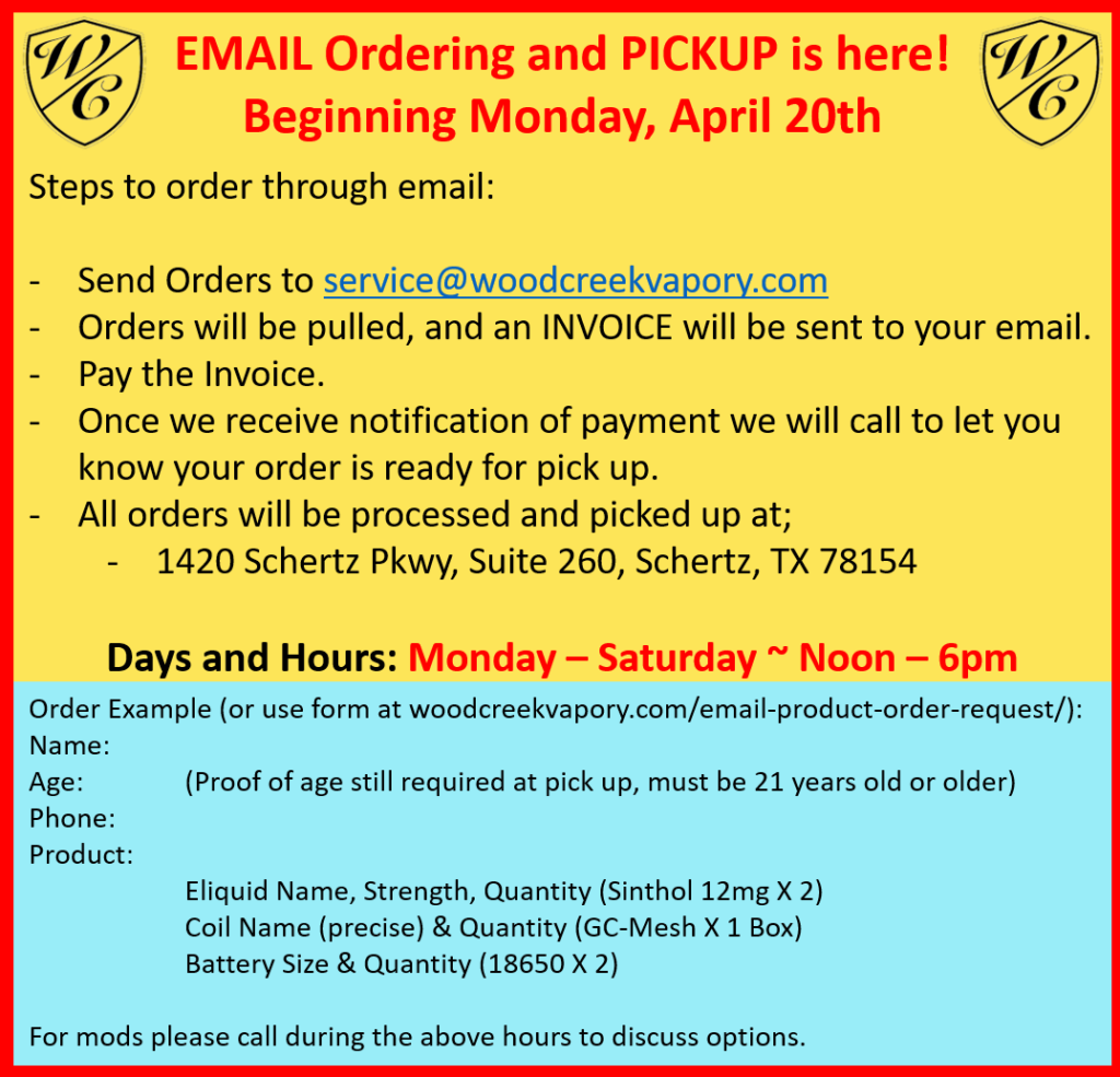 Schertz Open with Email Orders & Curbside Service